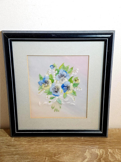 Blue pansies and lily of the valley textile art, handmade in Cornwall – photo 1