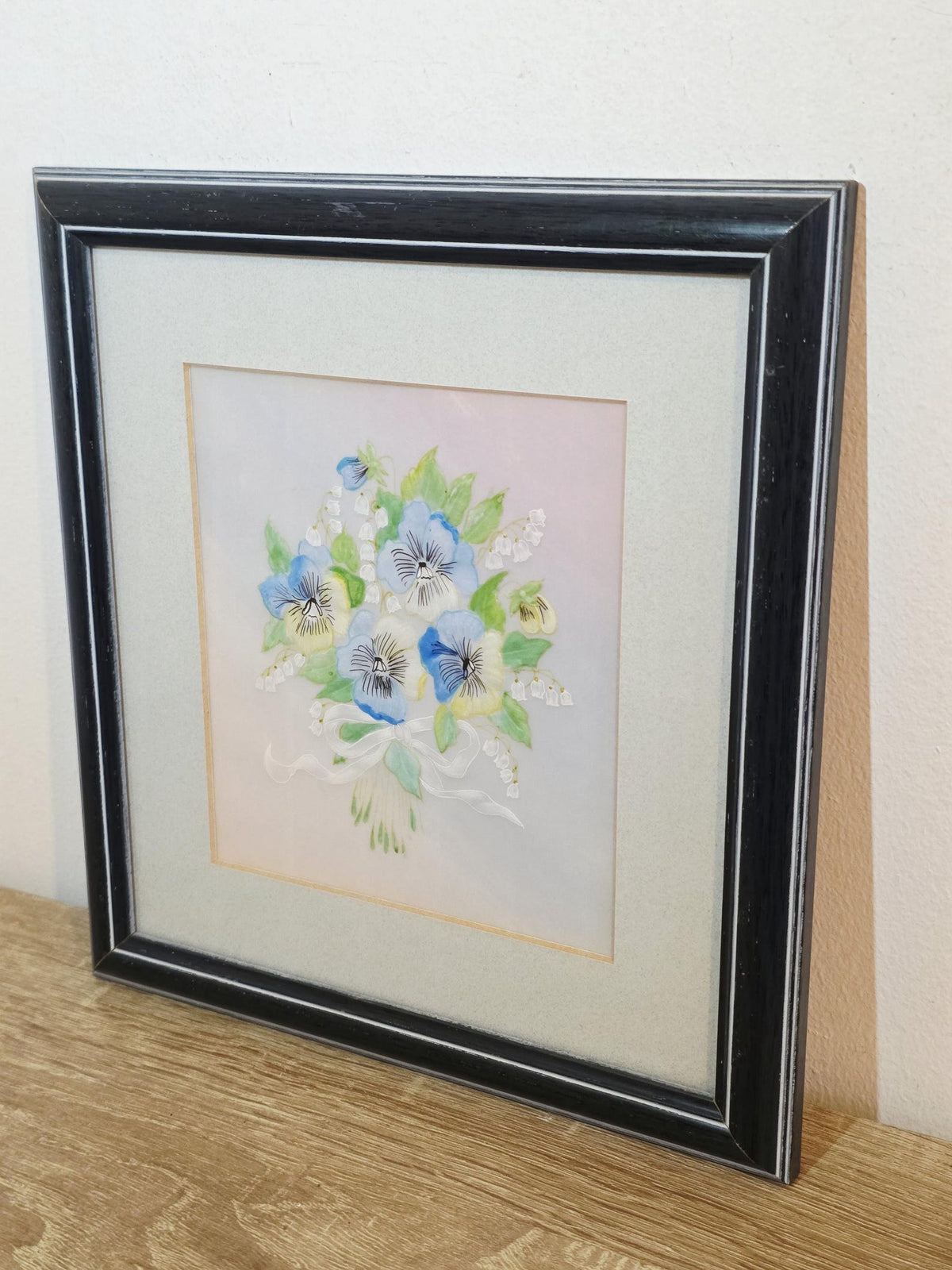 Blue pansies and lily of the valley textile art, handmade in Cornwall – photo 2