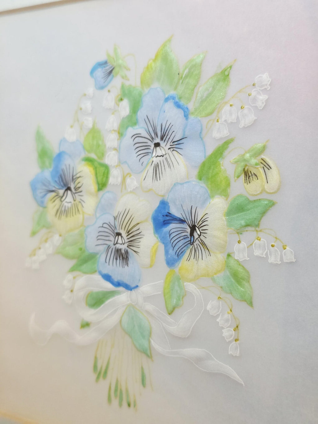 Blue pansies and lily of the valley textile art, handmade in Cornwall – photo 3