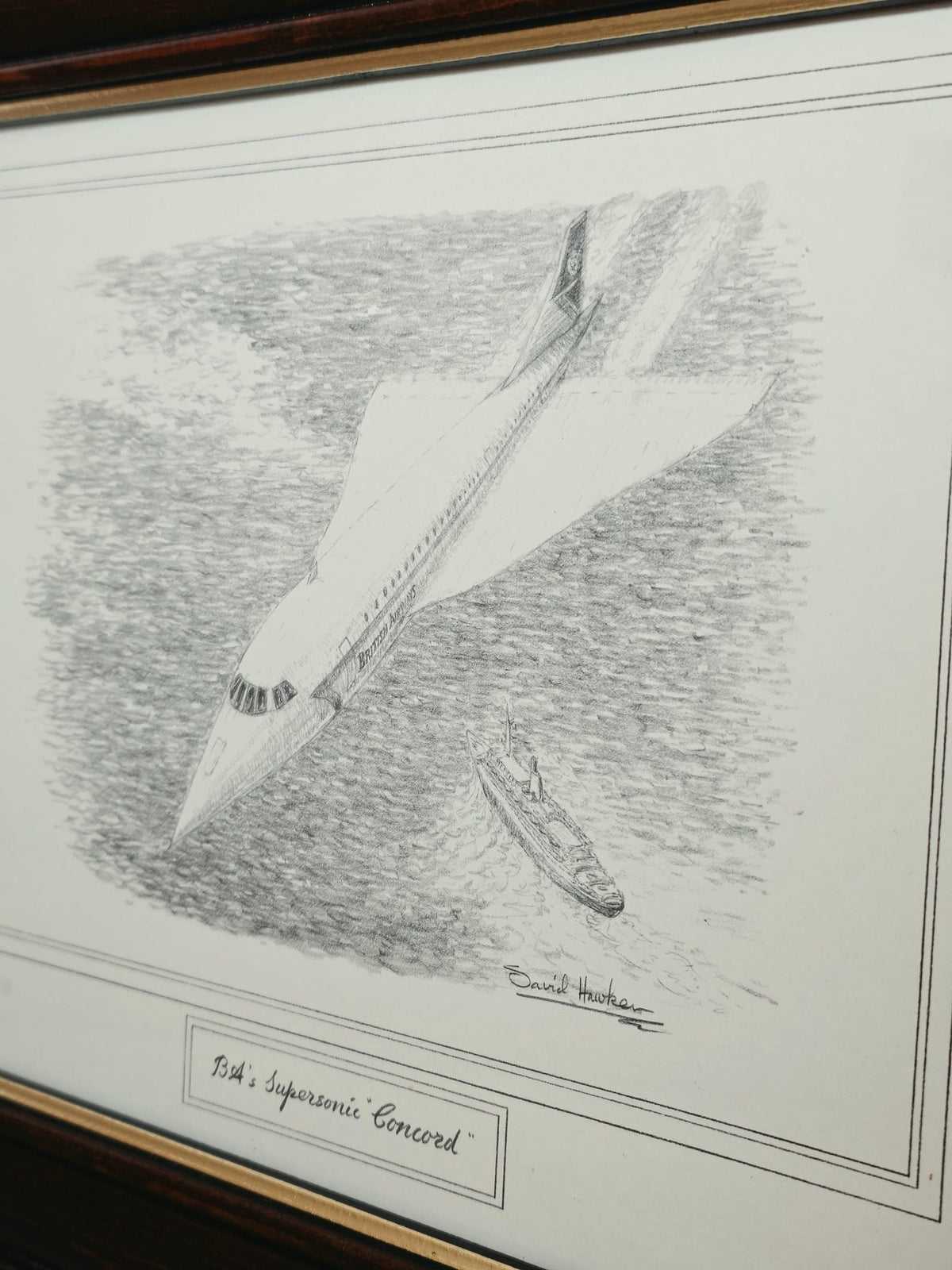 Concorde over the Sea — Original Pencil Sketch Signed David Hawker – photo 3