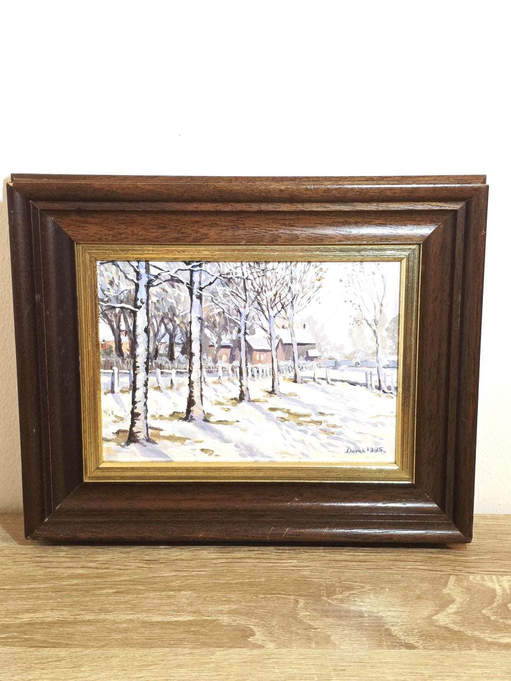 Snowy Trees & Cottages — Original Acrylic Painting Signed Derek, 1985 – photo 1