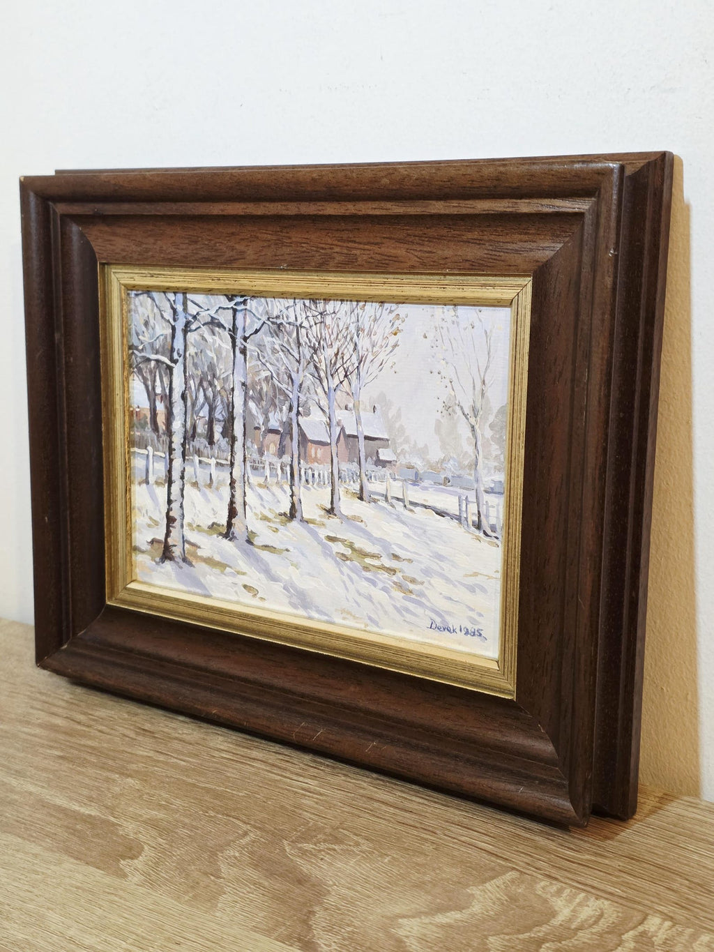 Snowy Trees & Cottages — Original Acrylic Painting Signed Derek, 1985 – photo 2