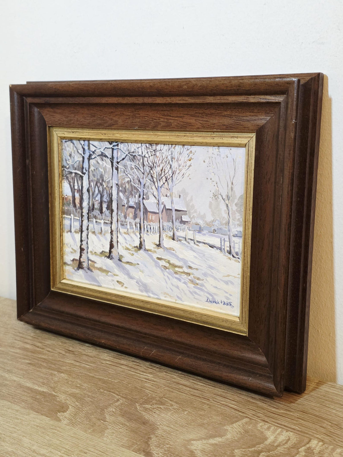 Snowy Trees & Cottages — Original Acrylic Painting Signed Derek, 1985 – photo 2