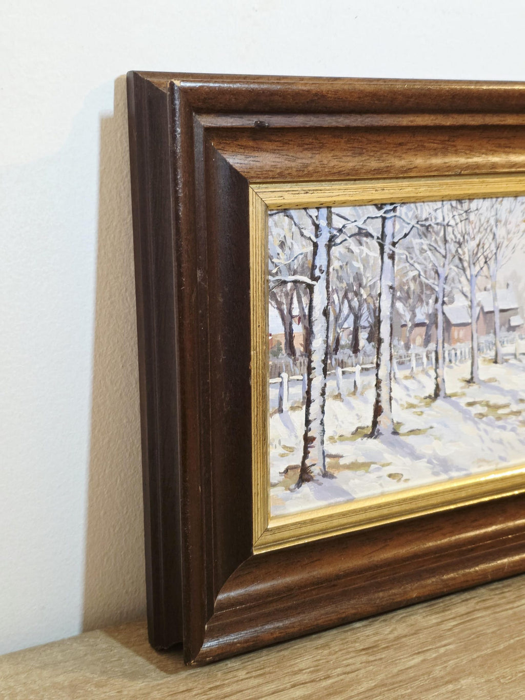 Snowy Trees & Cottages — Original Acrylic Painting Signed Derek, 1985 – photo 3