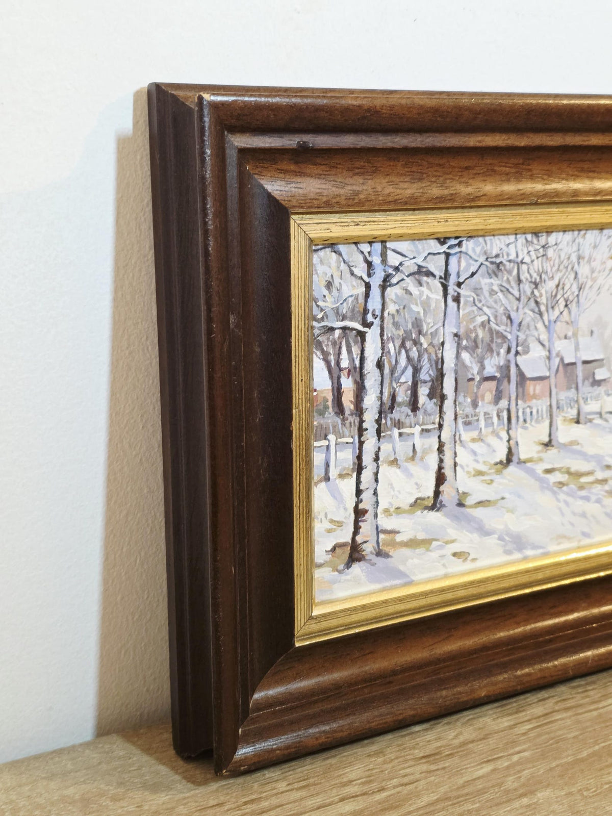 Snowy Trees & Cottages — Original Acrylic Painting Signed Derek, 1985 – photo 3