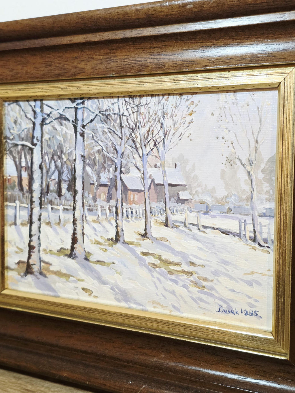 Snowy Trees & Cottages — Original Acrylic Painting Signed Derek, 1985 – photo 4
