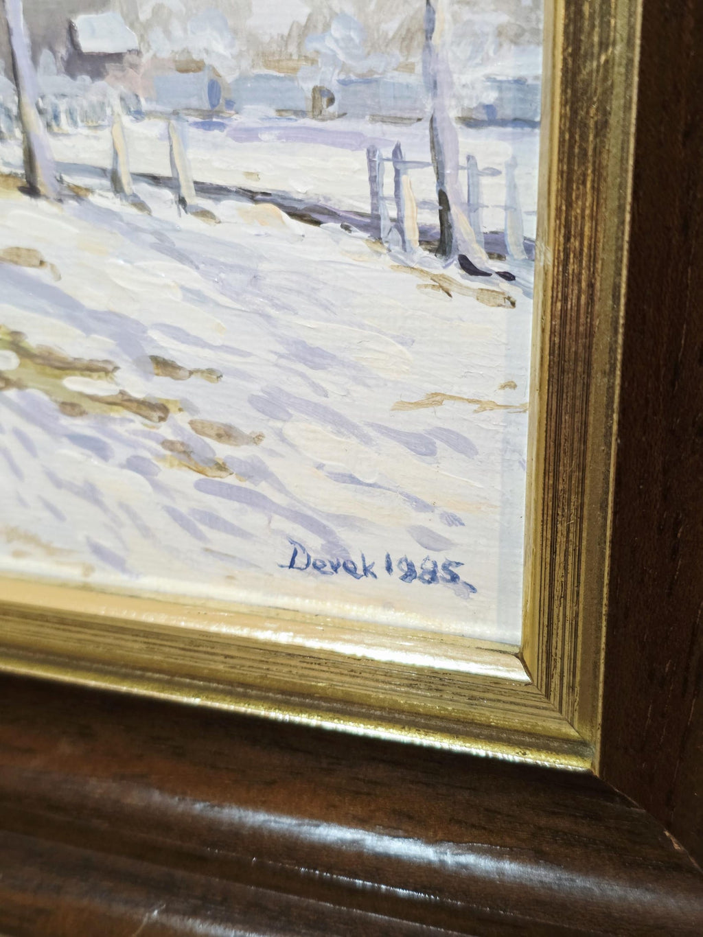 Snowy Trees & Cottages — Original Acrylic Painting Signed Derek, 1985 – photo 5