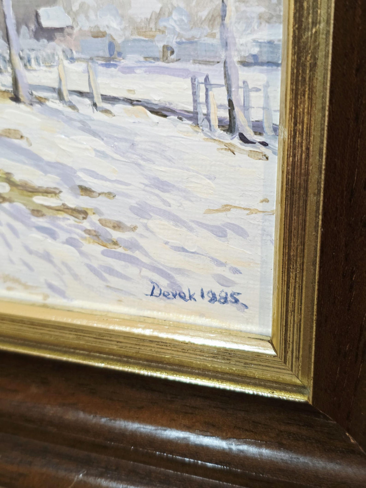 Snowy Trees & Cottages — Original Acrylic Painting Signed Derek, 1985 – photo 5