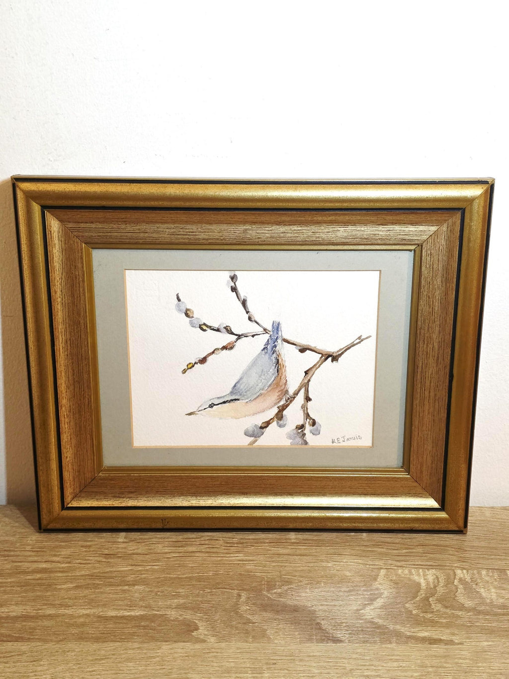 Nuthatch on a Budding Branch — Signed Original Watercolour – photo 1