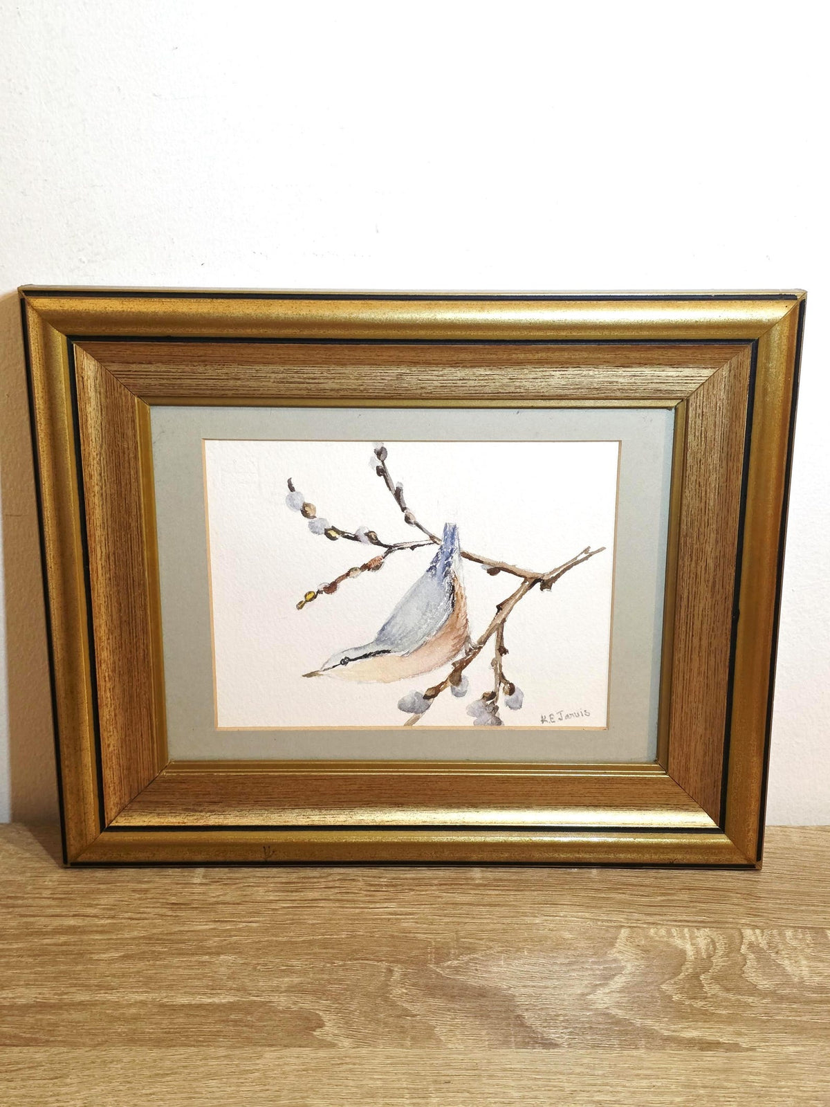 Nuthatch on a Budding Branch — Signed Original Watercolour – photo 1