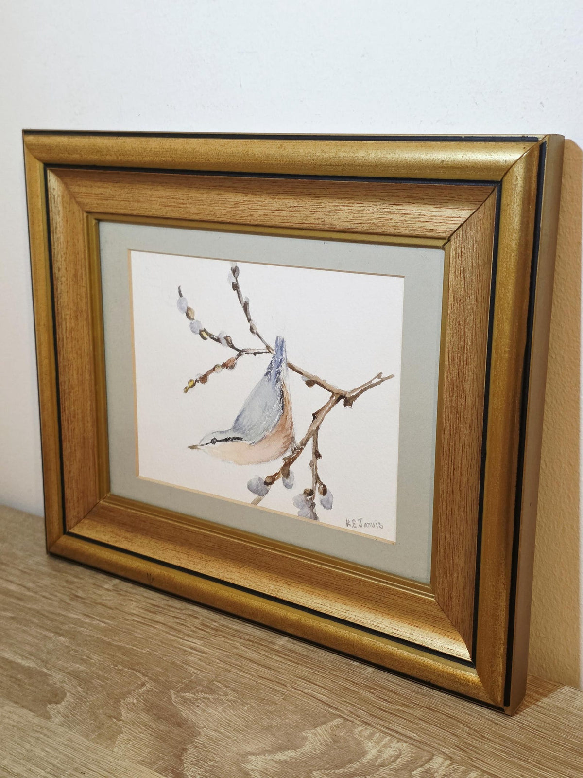 Nuthatch on a Budding Branch — Signed Original Watercolour – photo 2