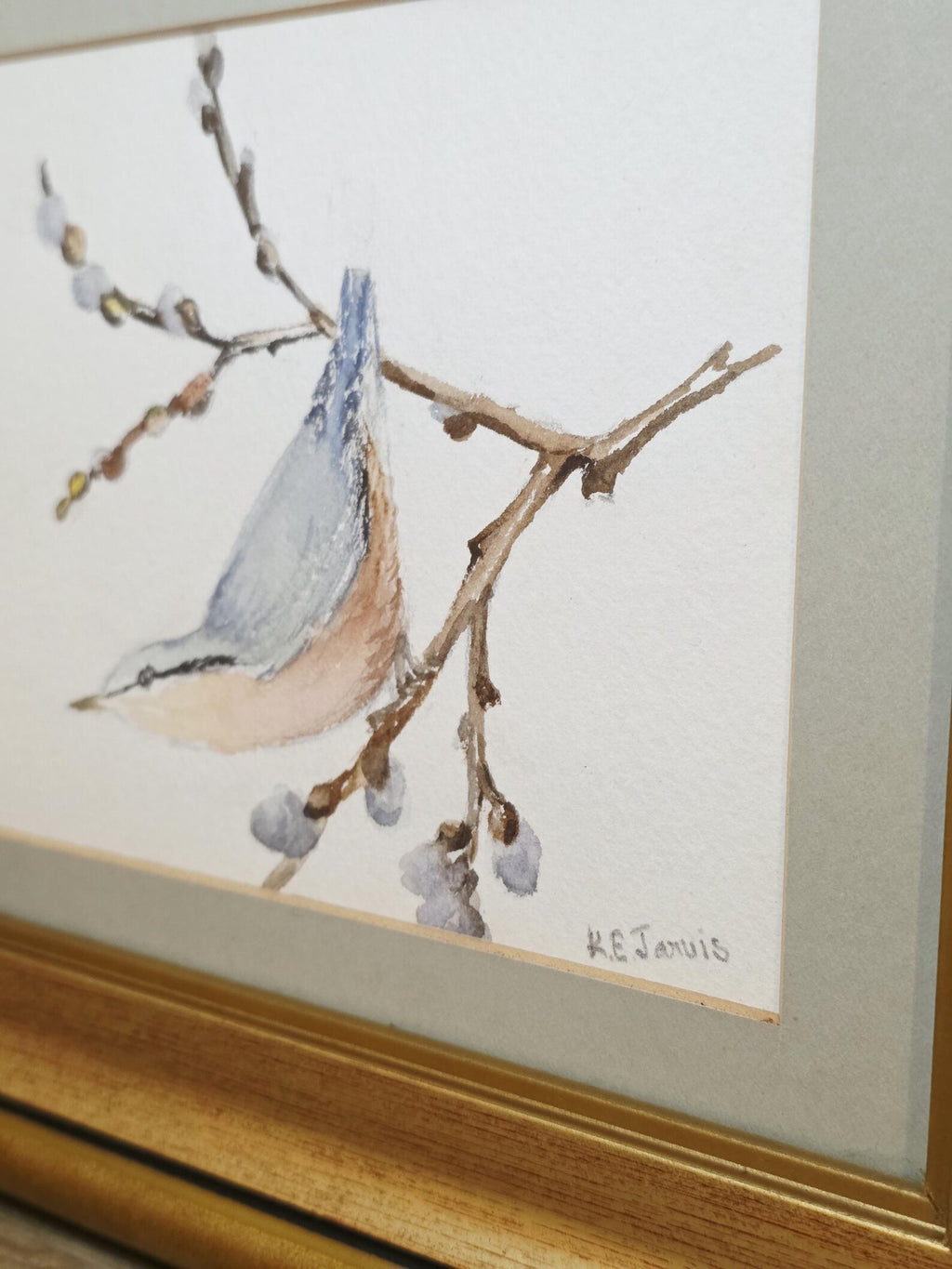Nuthatch on a Budding Branch — Signed Original Watercolour – photo 3