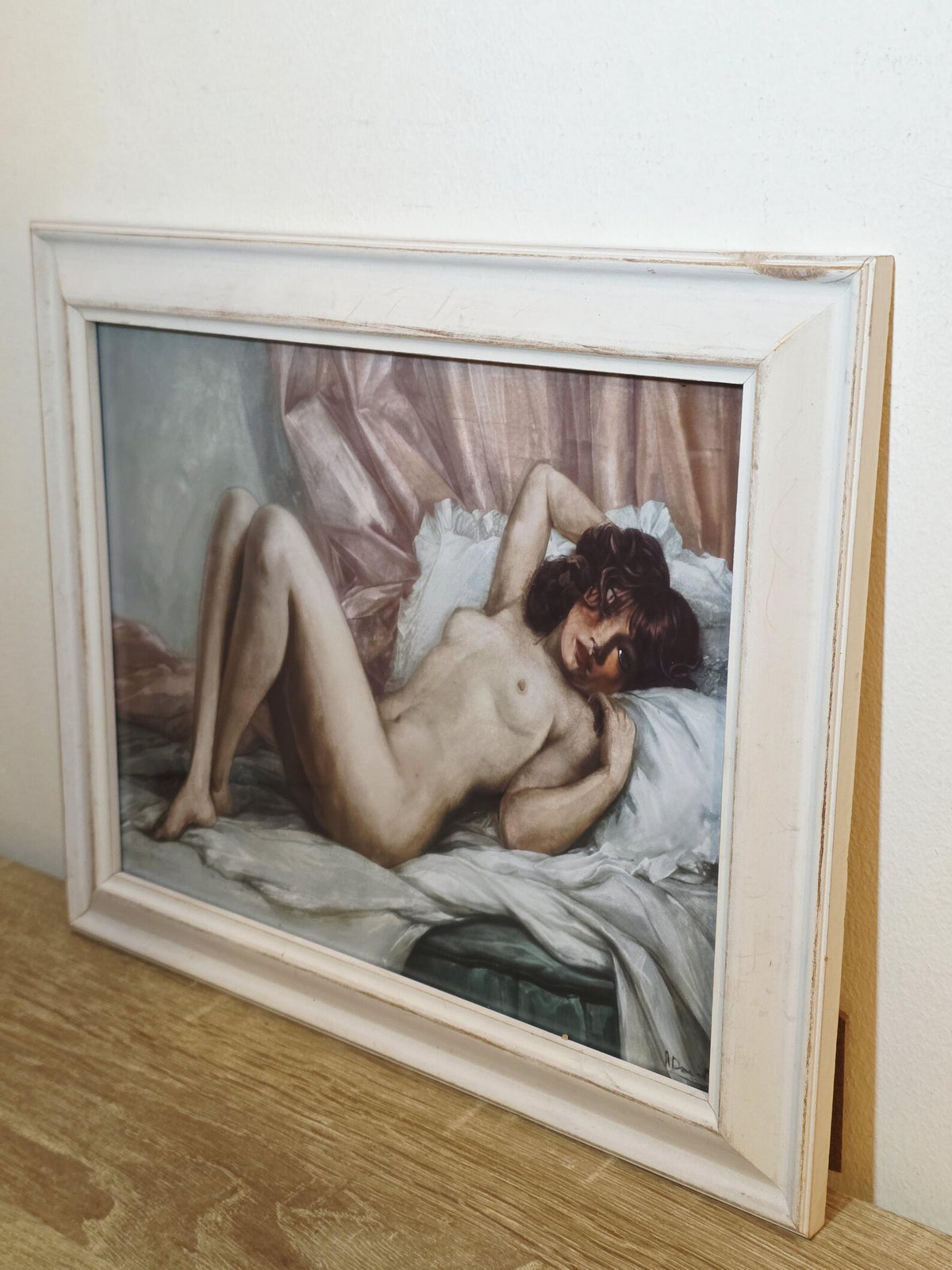 Reclining Nude & Pink Drapery — Art Print in a Distressed White Frame – photo 2