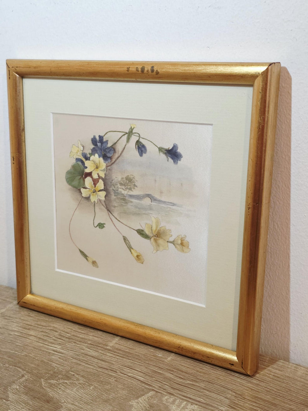 Vintage floral textile picture with a river bridge in a gold frame – photo 2