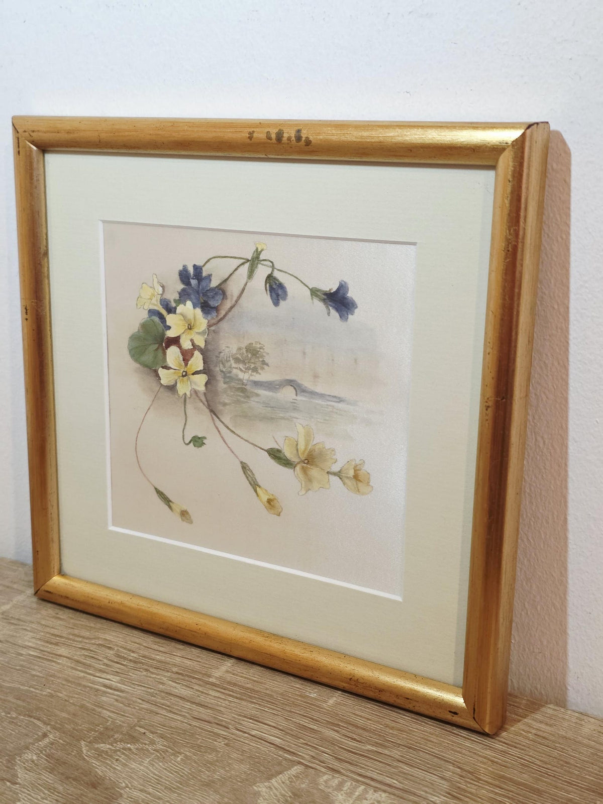 Vintage floral textile picture with a river bridge in a gold frame – photo 2