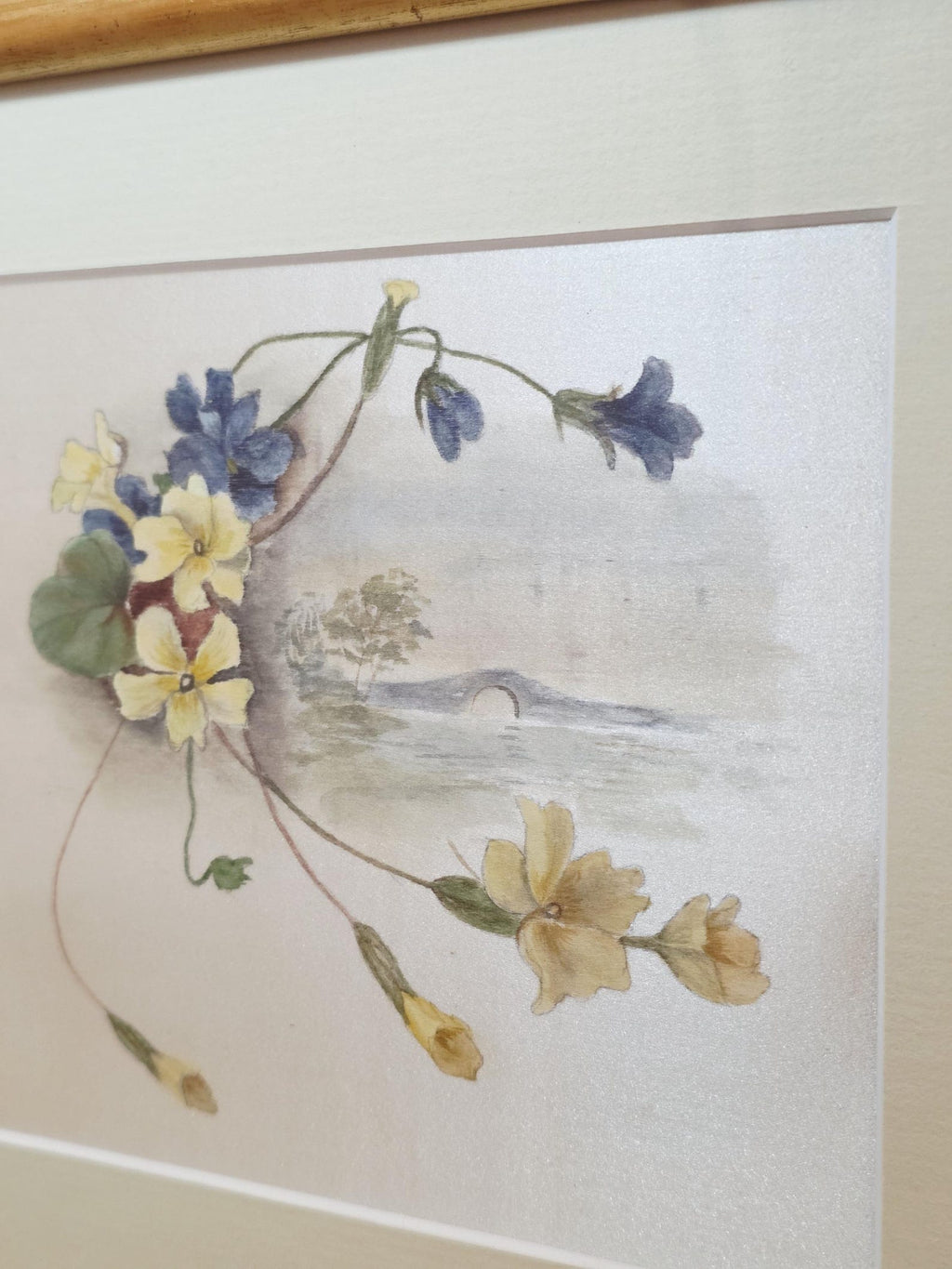 Vintage floral textile picture with a river bridge in a gold frame – photo 3
