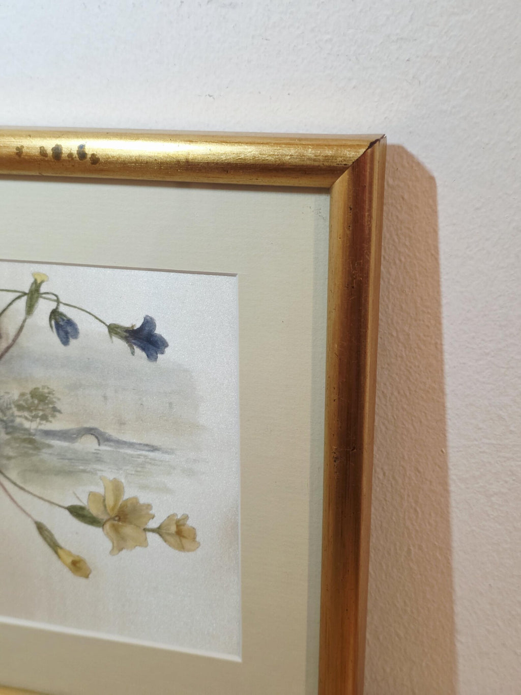 Vintage floral textile picture with a river bridge in a gold frame – photo 4