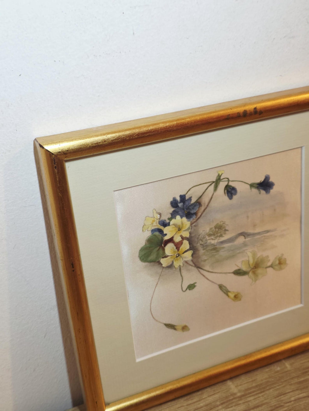 Vintage floral textile picture with a river bridge in a gold frame – photo 5