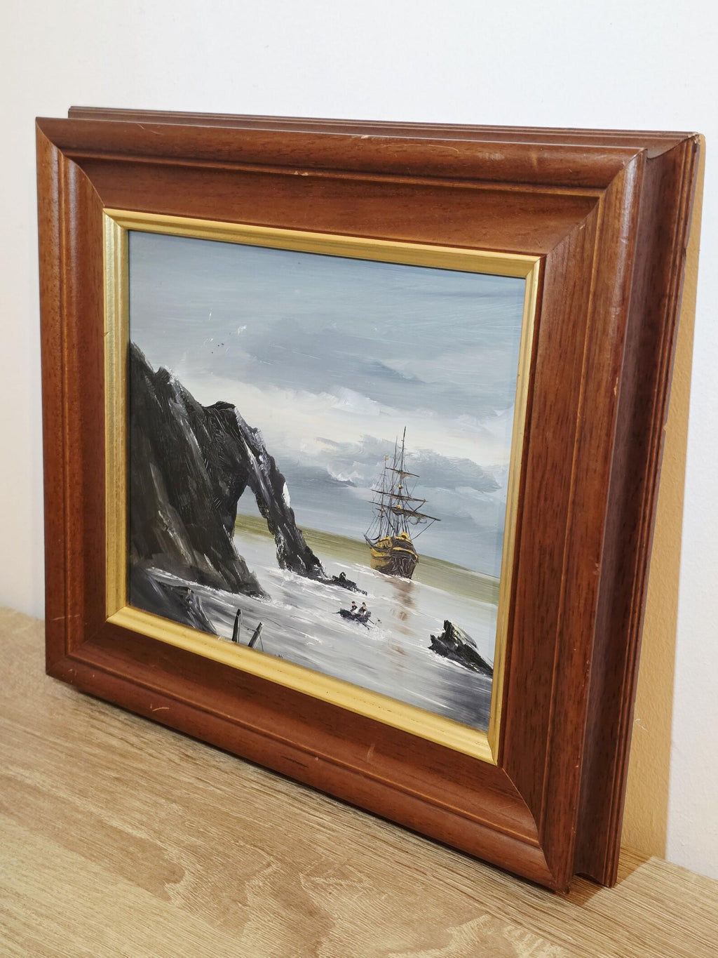 Sailing Ship & Rock Arch — Vintage Coastal Painting – photo 2