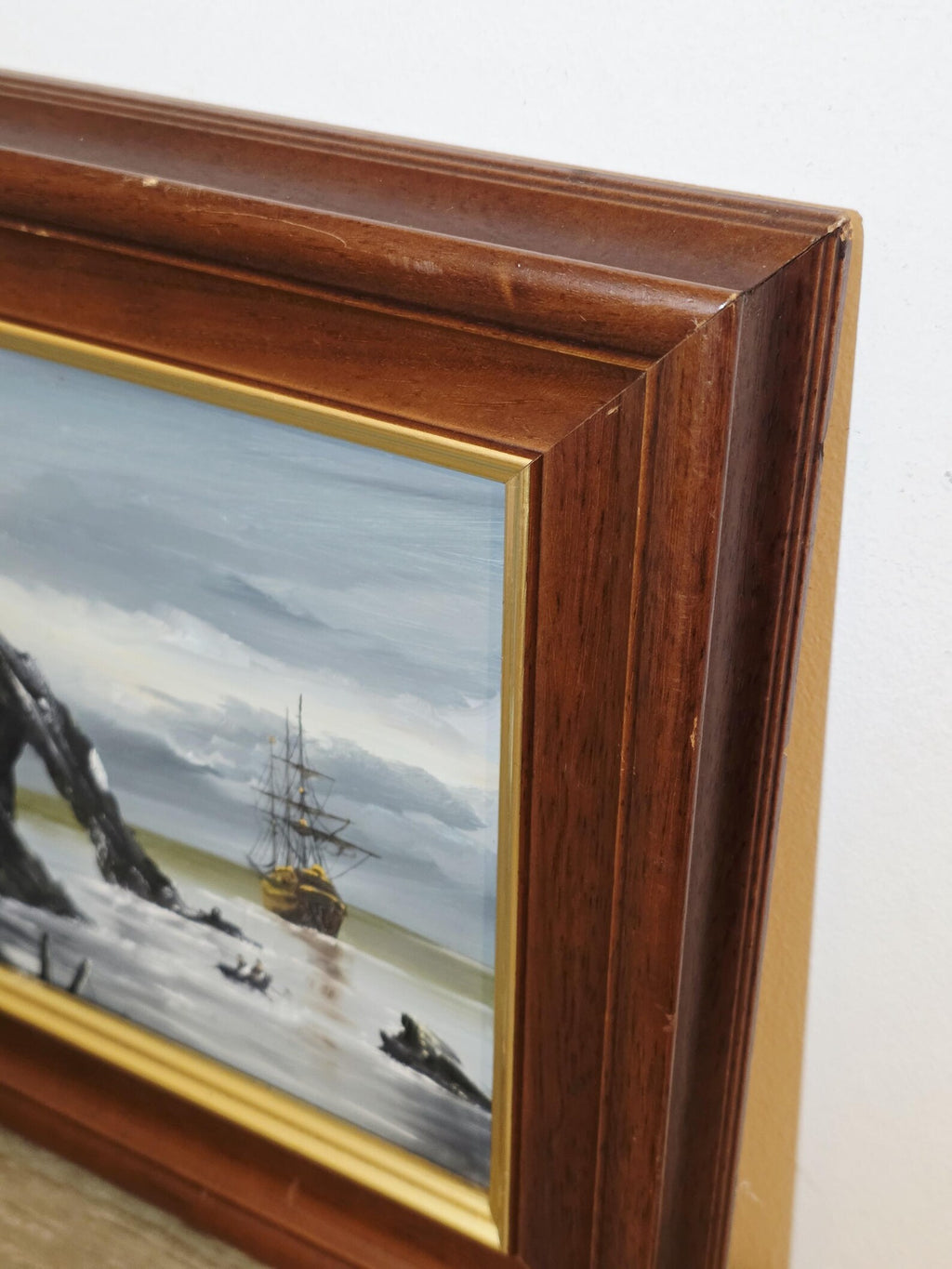 Sailing Ship & Rock Arch — Vintage Coastal Painting – photo 3