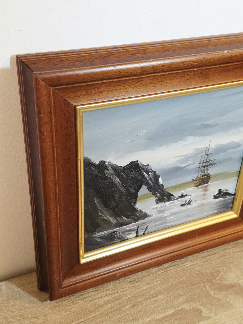 Sailing Ship & Rock Arch — Vintage Coastal Painting – photo 4