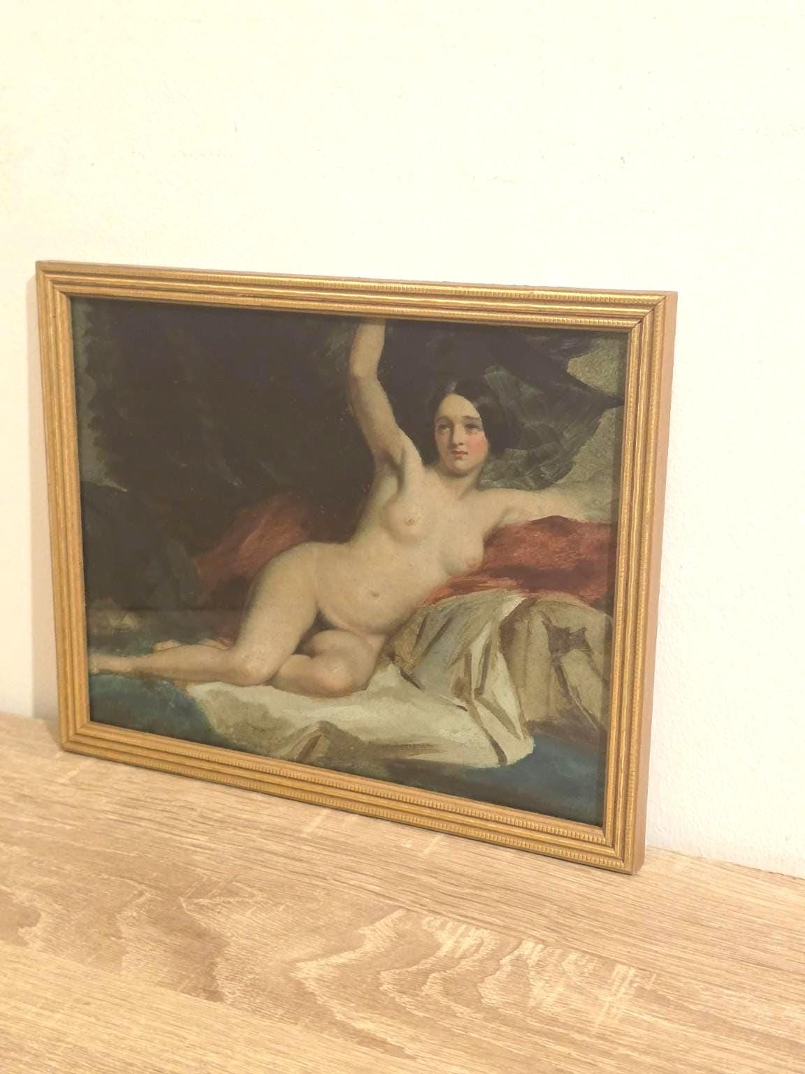 Reclining Nude & Rich Drapery — Classical Art Print in a Vintage Gold Frame — detail 1