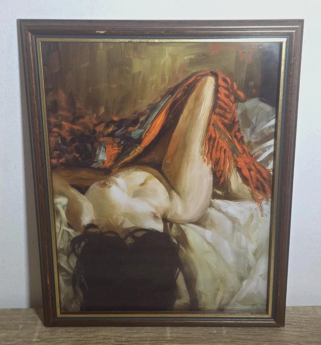 Reclining Nude & Red Drapery — Art Print in a Dark Wood-Effect Frame