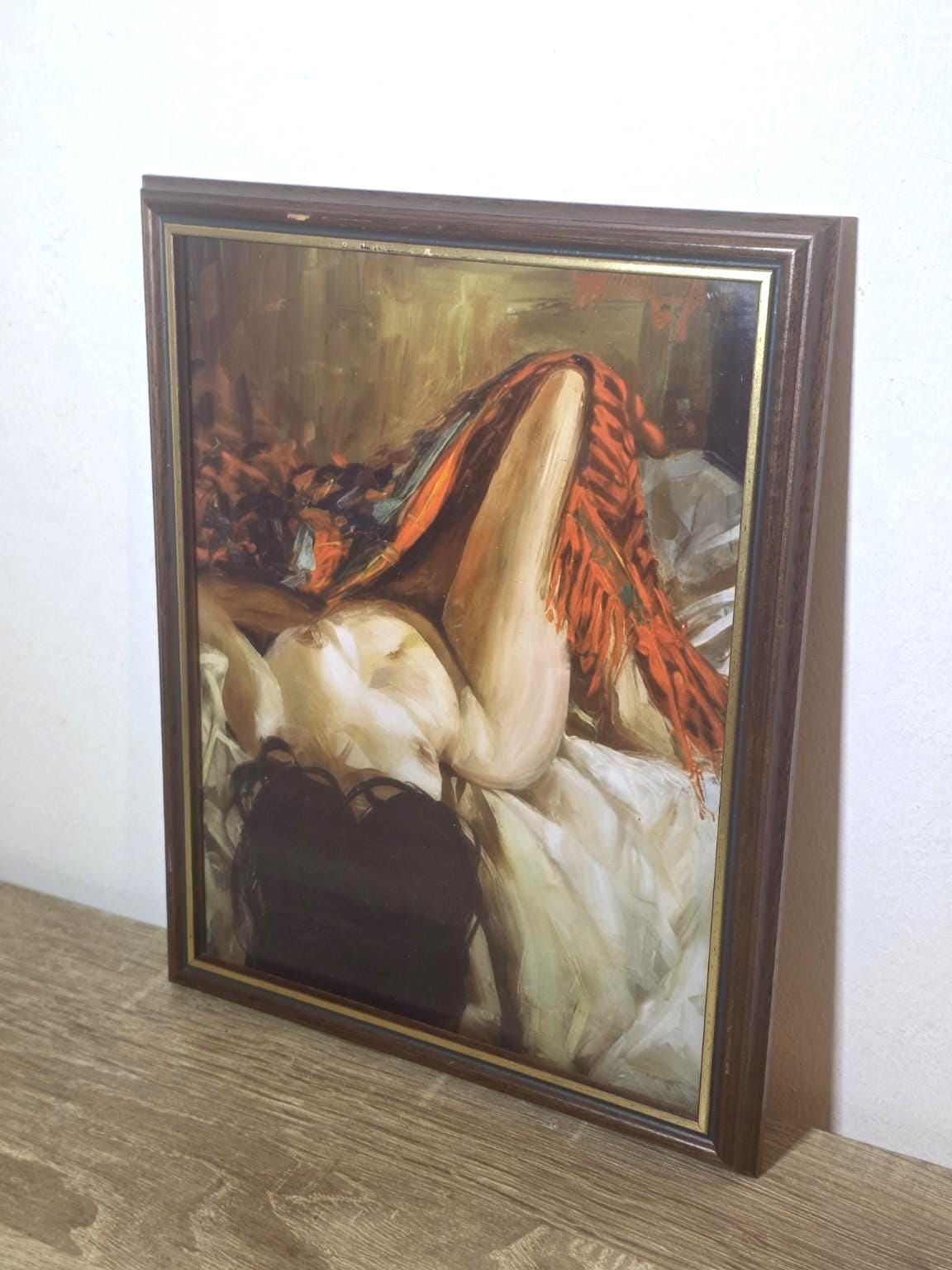 Reclining Nude & Red Drapery — Art Print in a Dark Wood-Effect Frame — detail 1