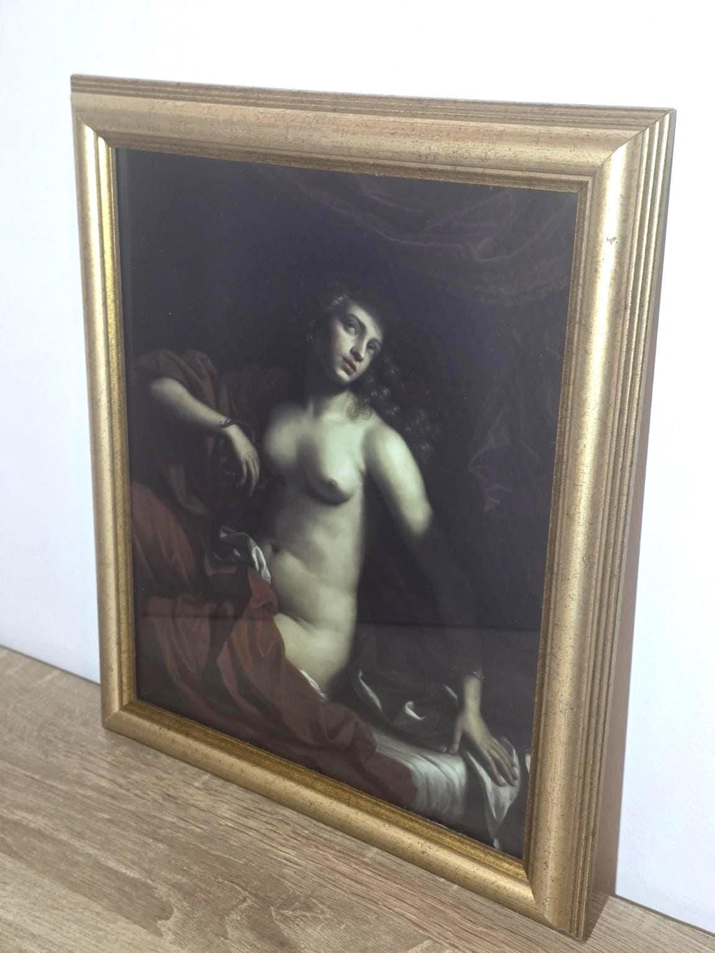 Seated Nude & Red Drapery — Classical Art Print in a Vintage Gold Frame — detail 1