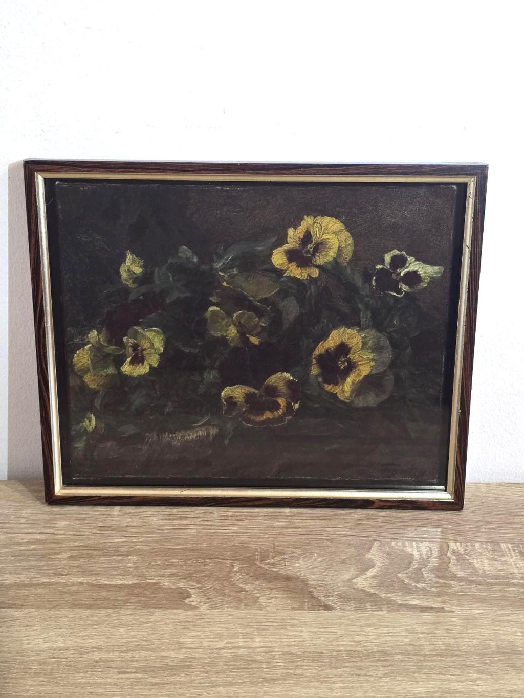 Yellow & Burgundy Pansies — Framed Dark Floral Still Life Print — photo 1