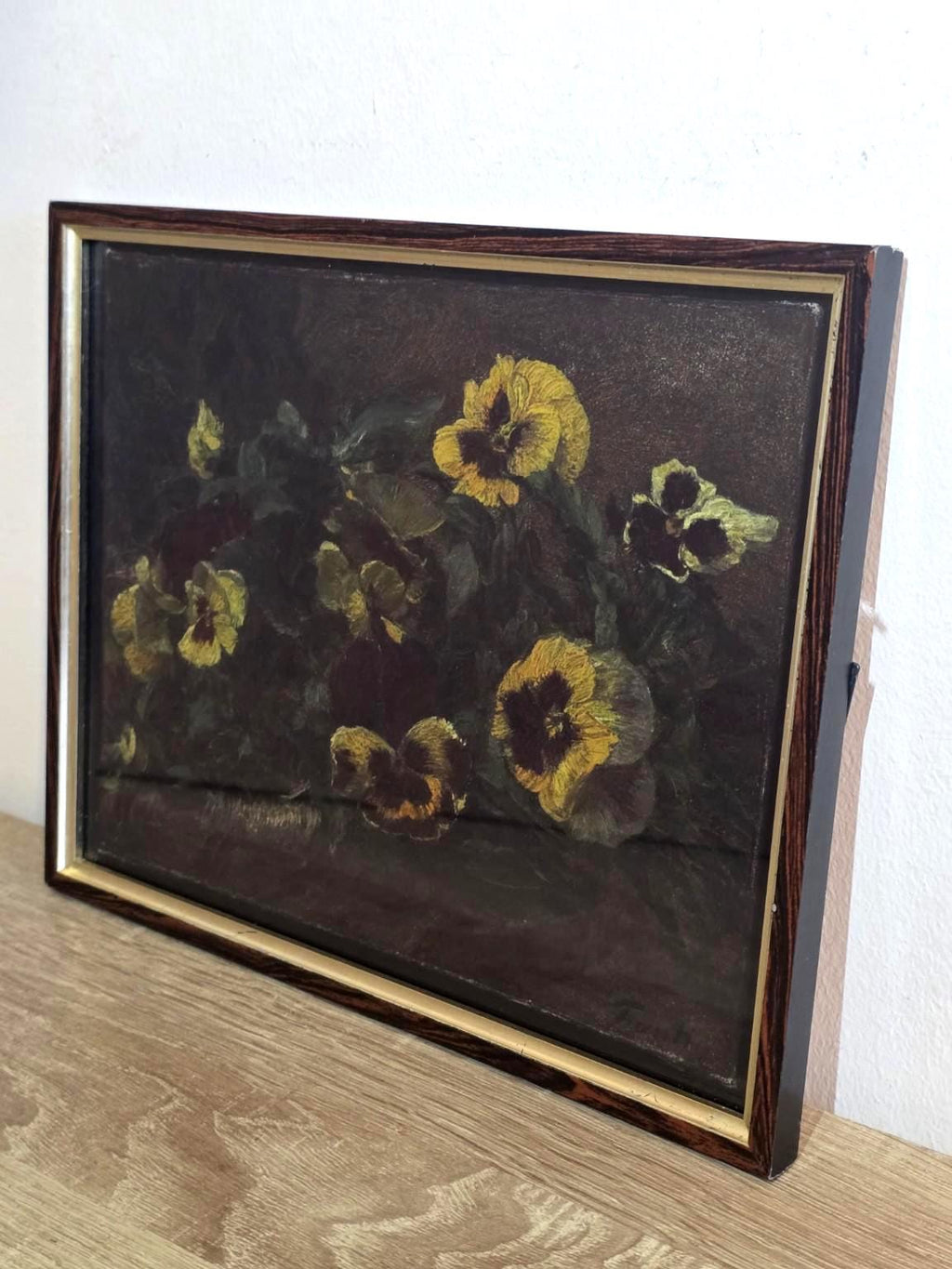 Yellow & Burgundy Pansies — Framed Dark Floral Still Life Print — photo 2