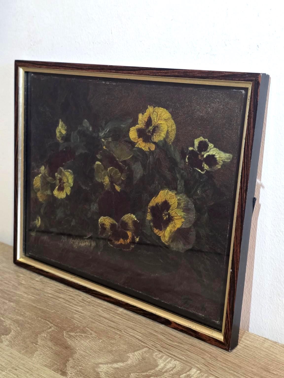 Yellow & Burgundy Pansies — Framed Dark Floral Still Life Print — photo 2