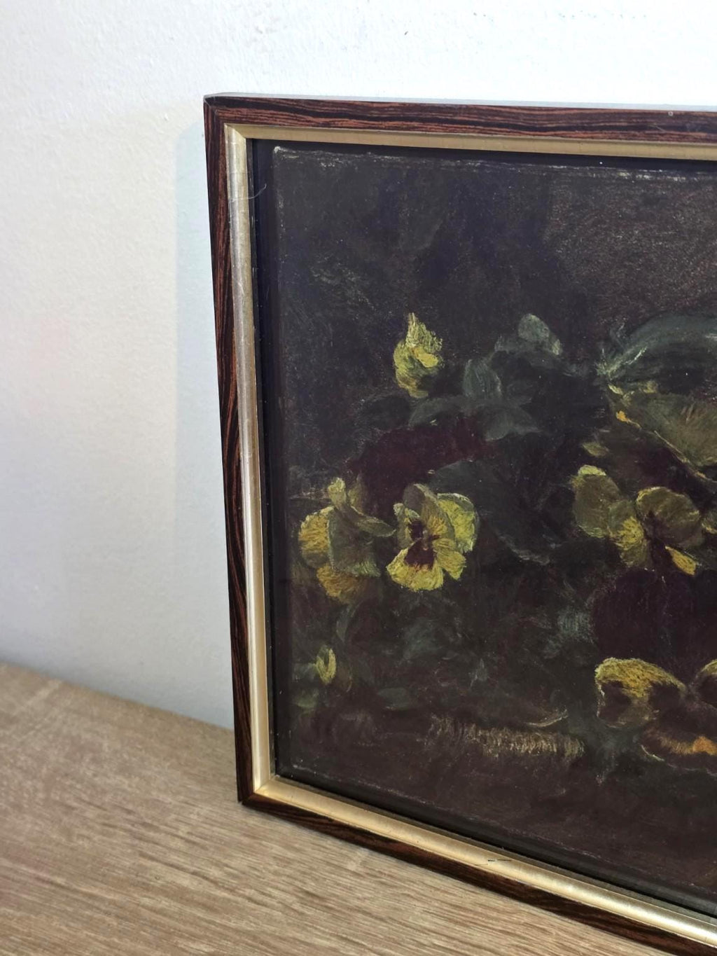Yellow & Burgundy Pansies — Framed Dark Floral Still Life Print — photo 3