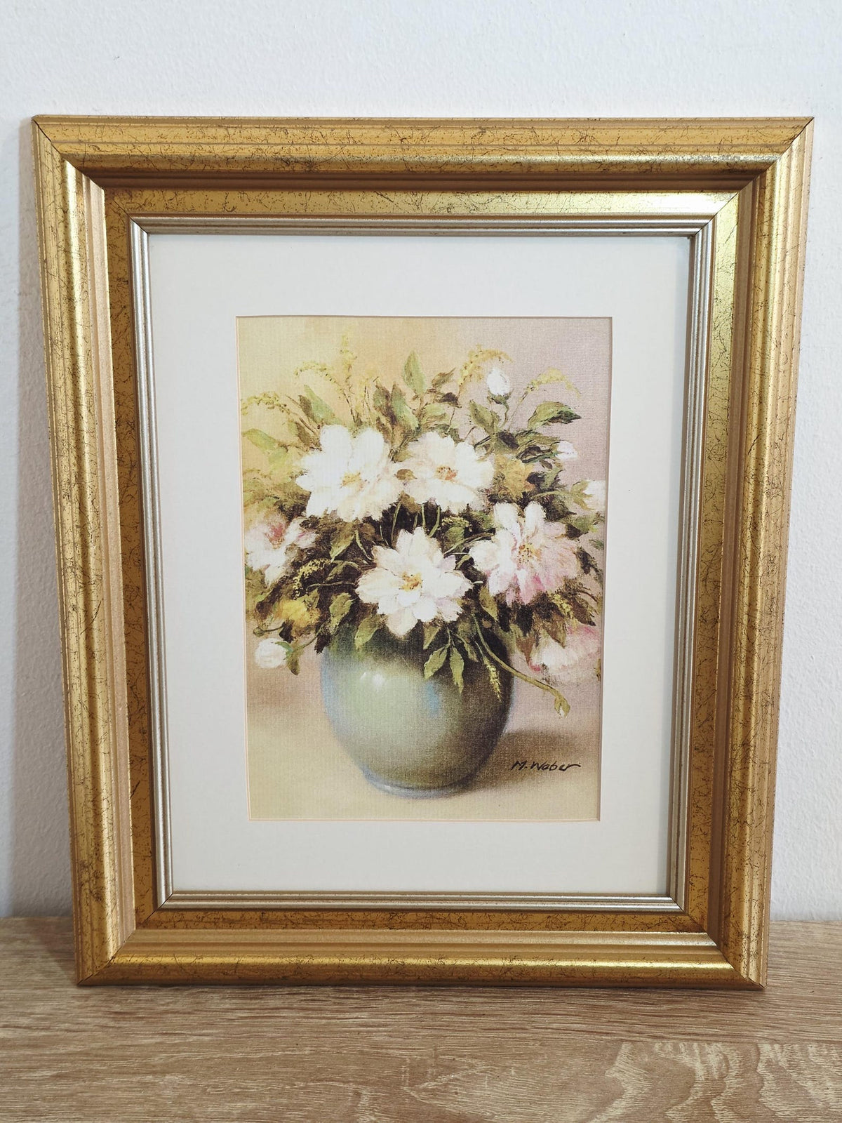 White & Pink Flowers in a Green Vase — Vintage Framed Print – photo 1