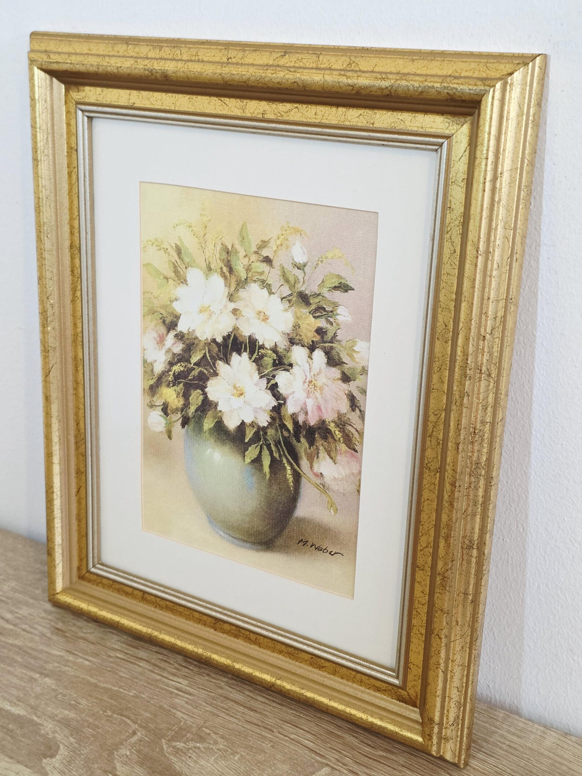 White & Pink Flowers in a Green Vase — Vintage Framed Print – photo 2