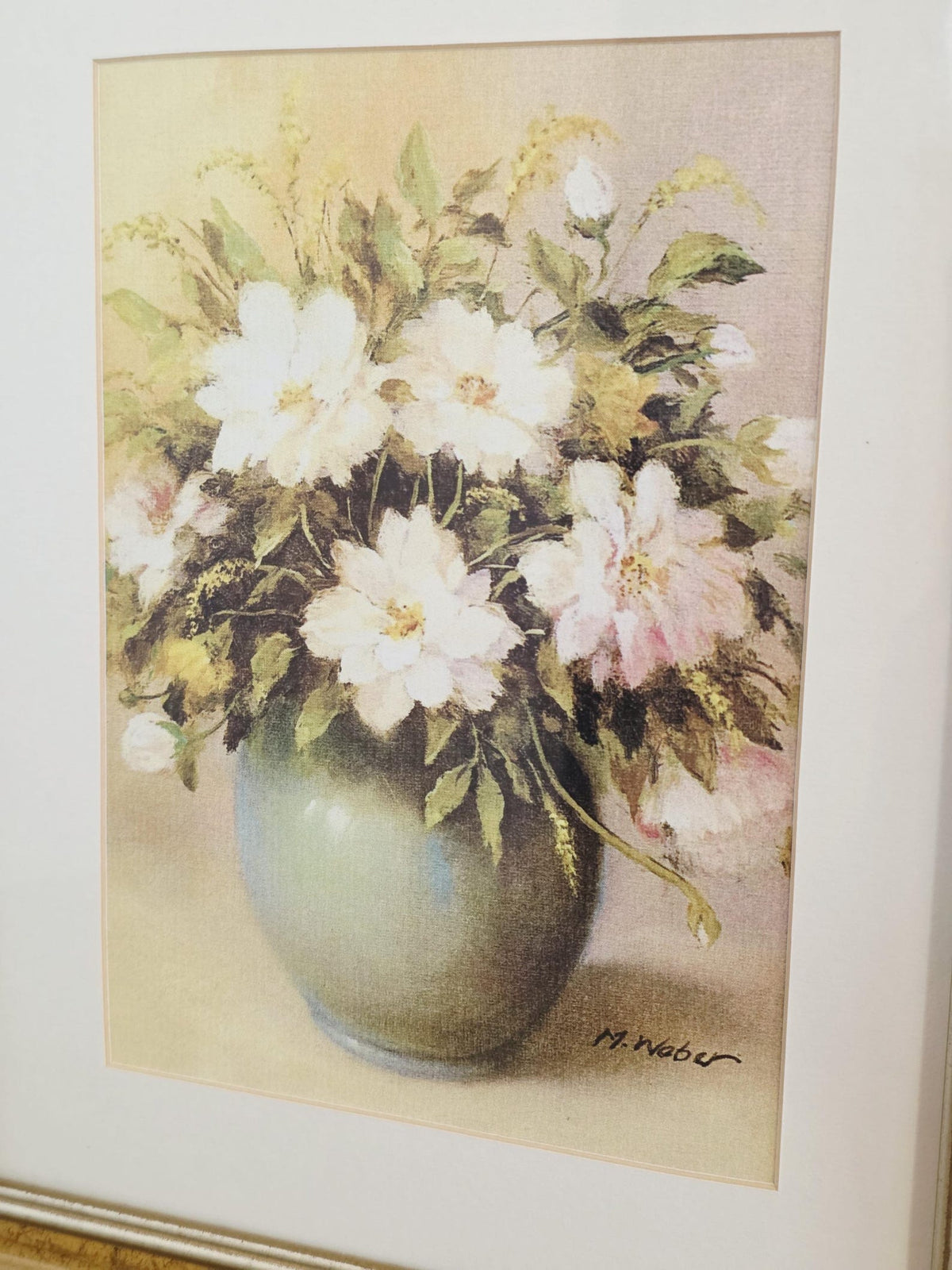 White & Pink Flowers in a Green Vase — Vintage Framed Print – photo 3