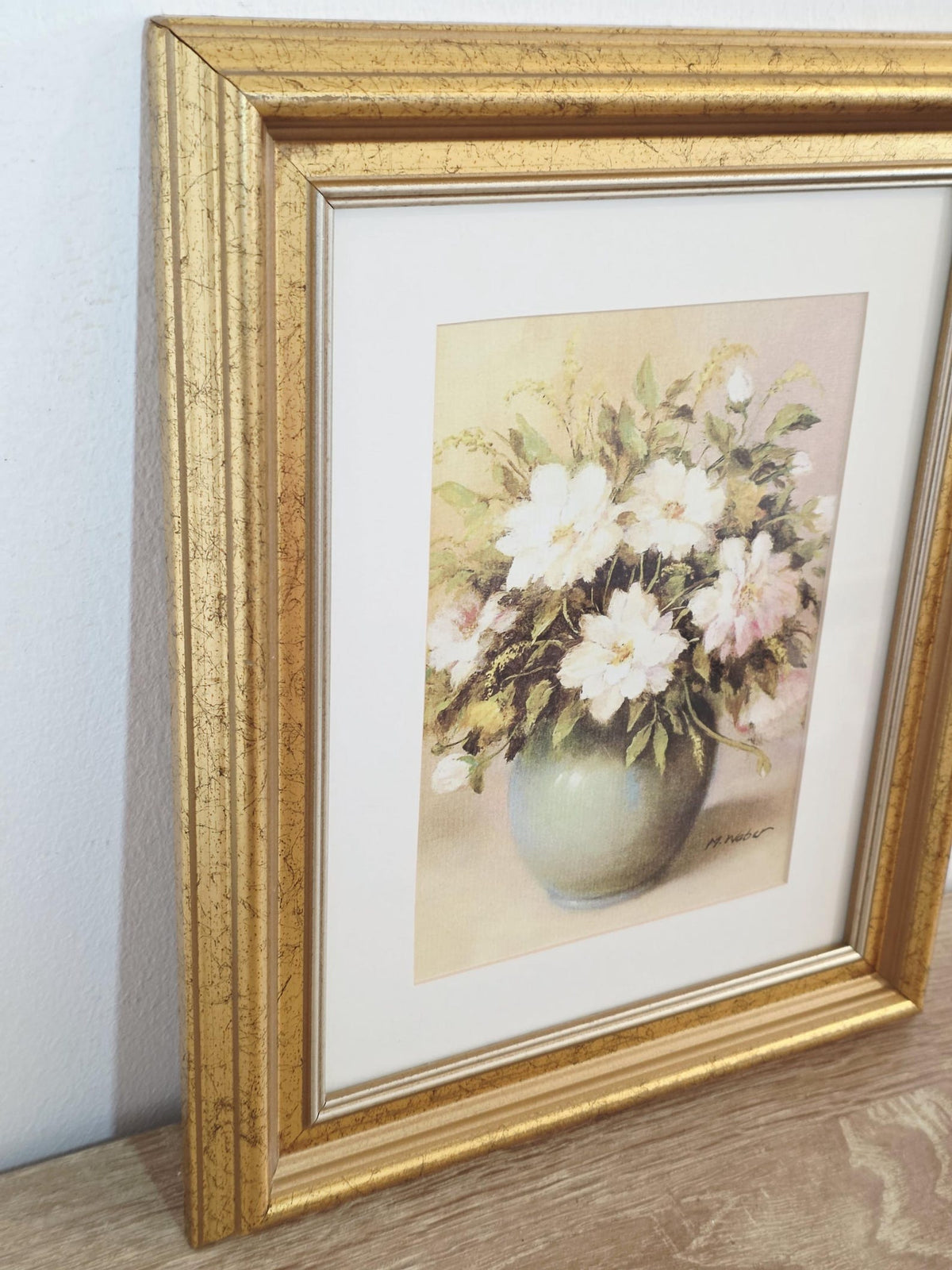 White & Pink Flowers in a Green Vase — Vintage Framed Print – photo 5